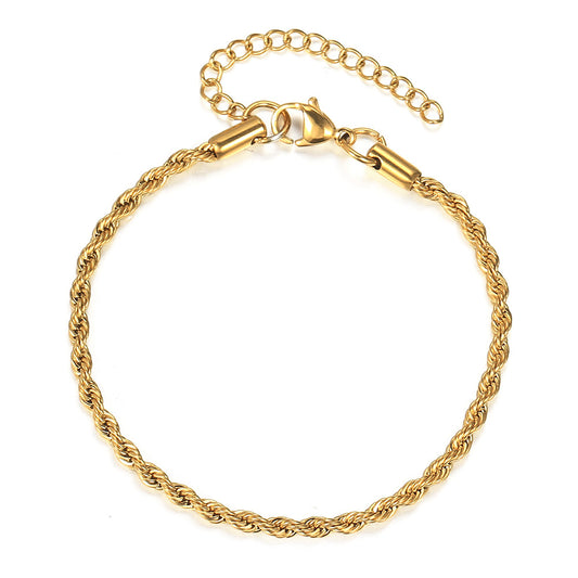 3mm Gold Rope Chain Bracelet Stainless Steel 7+2inch