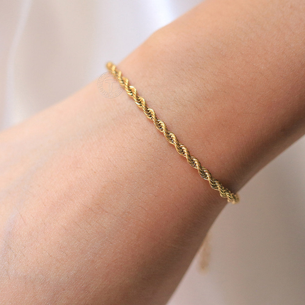 3mm Gold Rope Chain Bracelet Stainless Steel 7+2inch