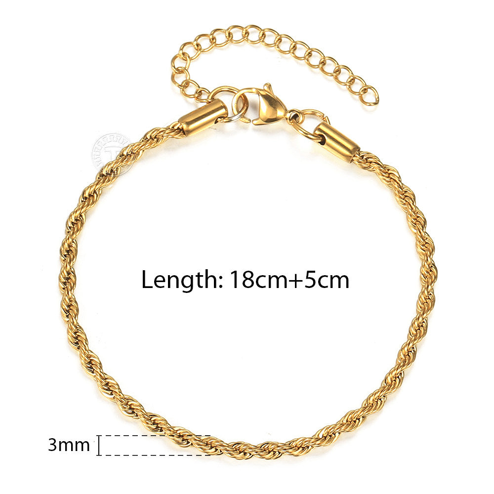 3mm Gold Rope Chain Bracelet Stainless Steel 7+2inch