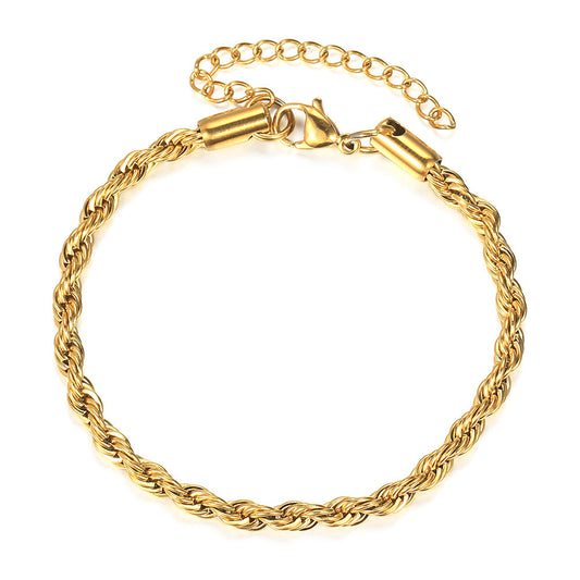 4mm Gold Rope Chain Bracelet Stainless Steel 7+2inch