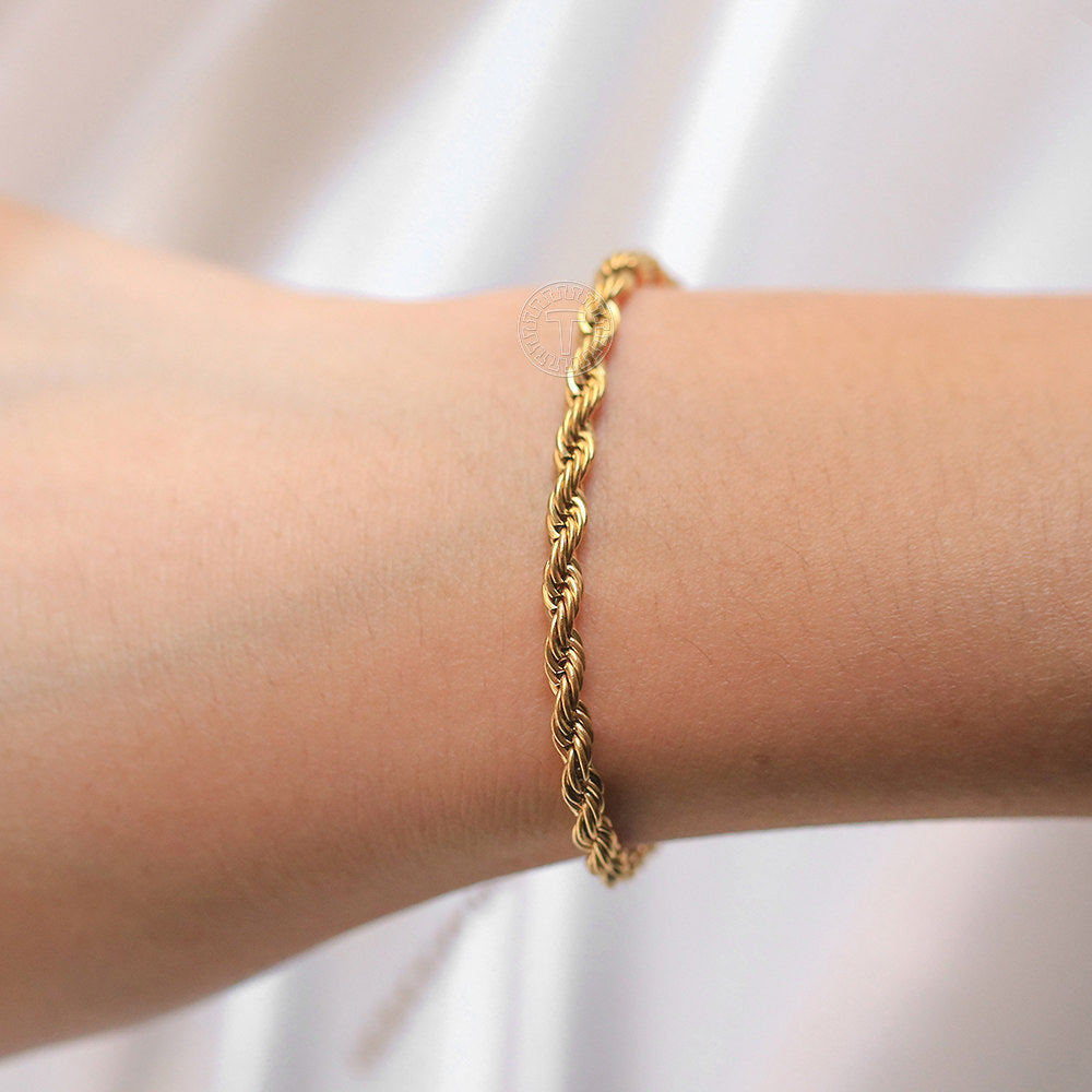 4mm Gold Rope Chain Bracelet Stainless Steel 7+2inch