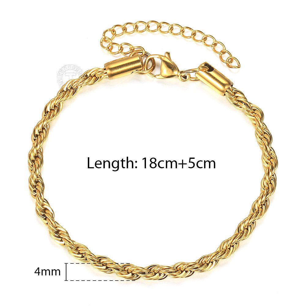 2/3/4/5mm Gold Rope Chain Bracelet Stainless Steel 7+2inch