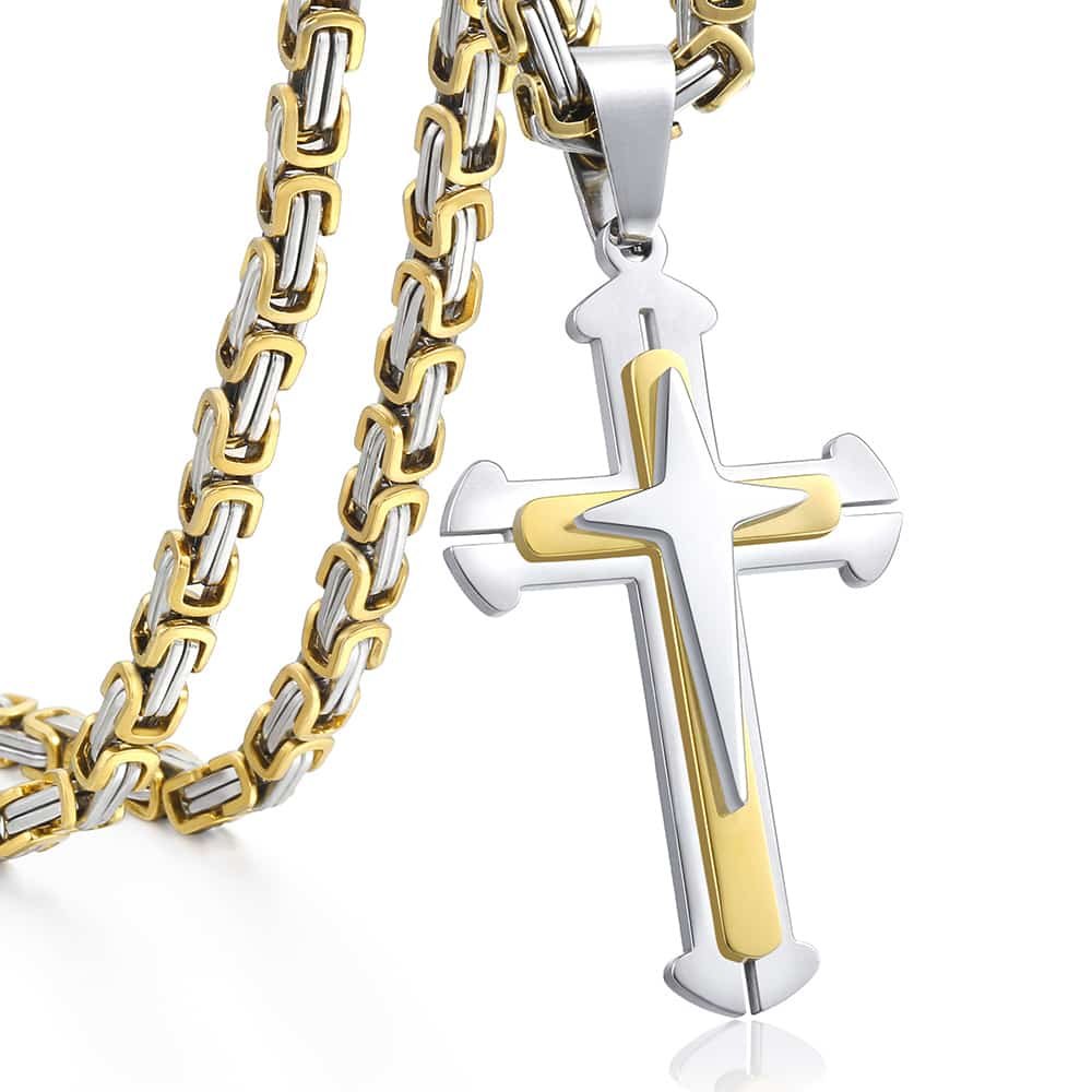 5mm Gold Silver Cross Pendant Necklace Byzantine Chain 18-30inch