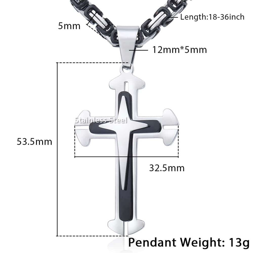 5mm Silver Black Cross Pendant Necklace Byzantine Chainfor 18-30inch