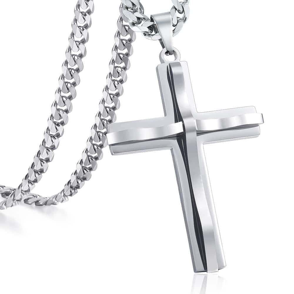 5mm Silver Cross Pendant Necklace Cuban Chain 18-30inch