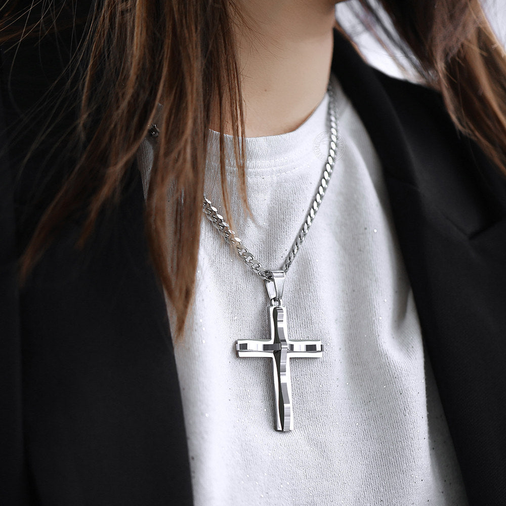 5mm Silver Cross Pendant Necklace Cuban Chain 18-30inch