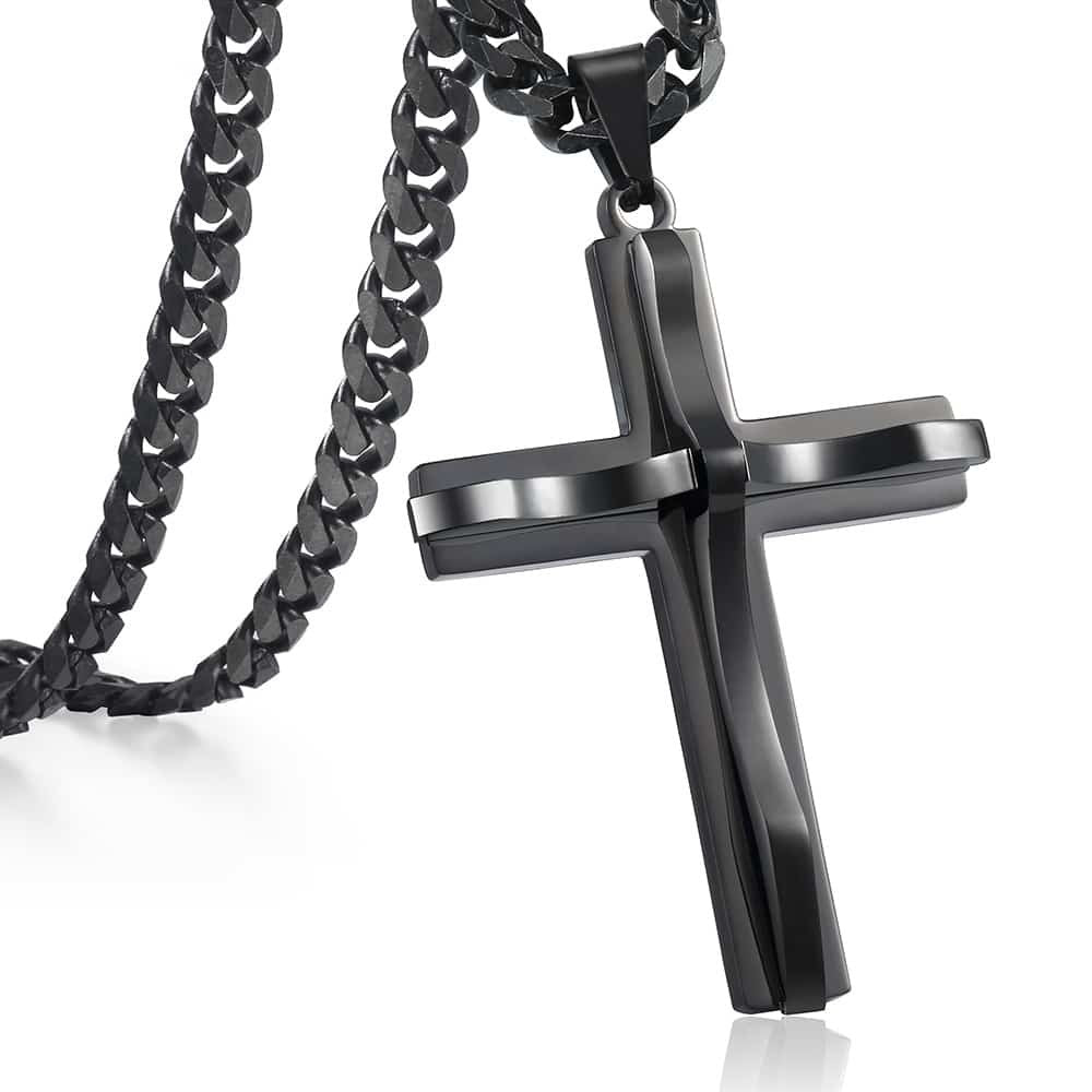 5mm Black Cross Pendant Necklace Cuban Chain 18-30inch