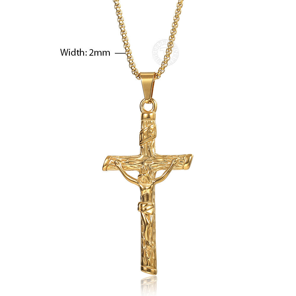 H&J Jewelry Stainless Steel Byzantine Box Chain With Jesus Cross Pendant - 9mm, Silver, Men's