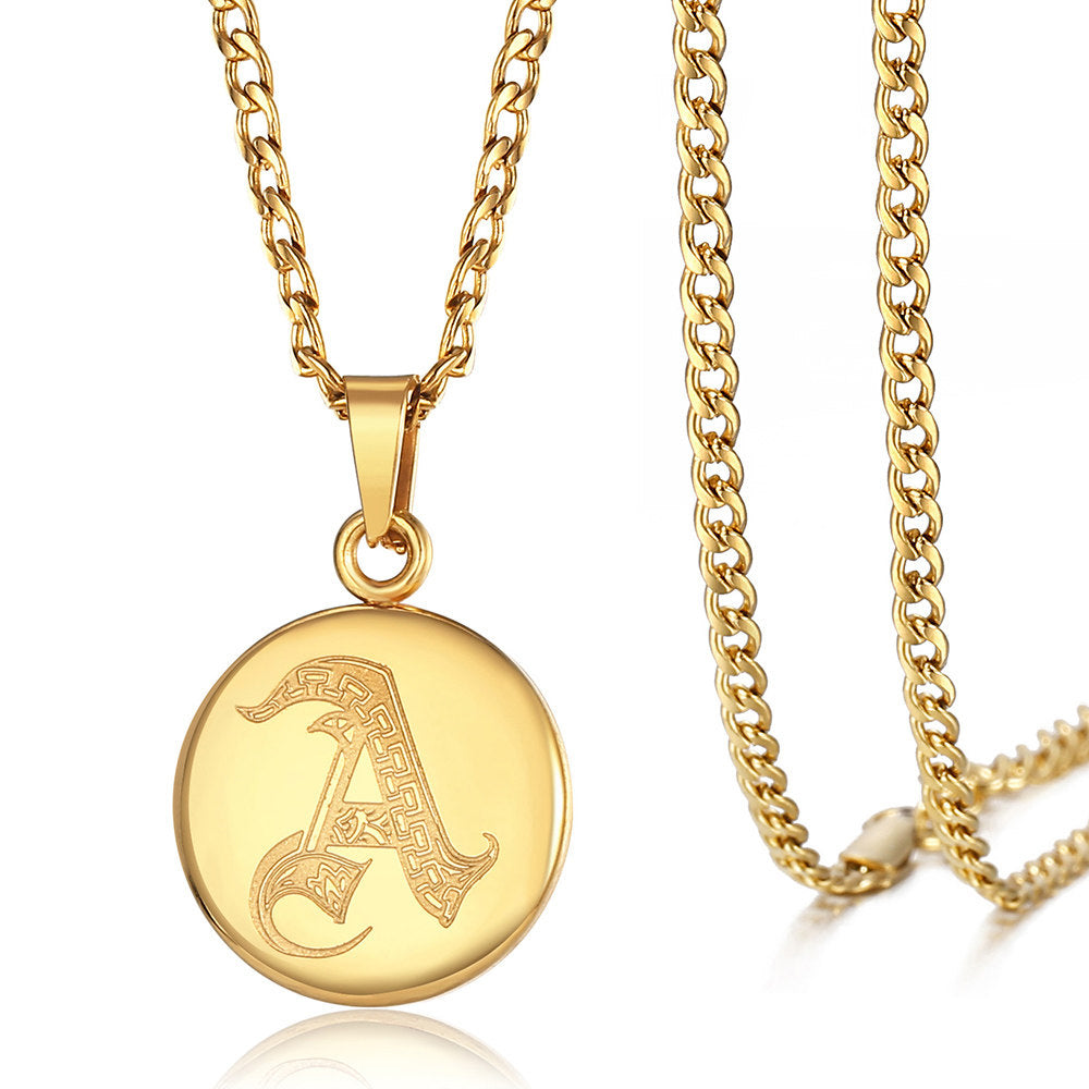 Gold Initial Coin Pendant Necklace Monogram Disc Charm Cuban Chain 18+2 inch