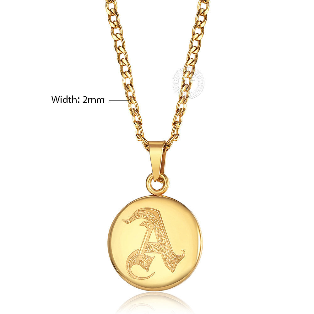Gold Initial Coin Pendant Necklace Monogram Disc Charm Cuban Chain 18+2 inch