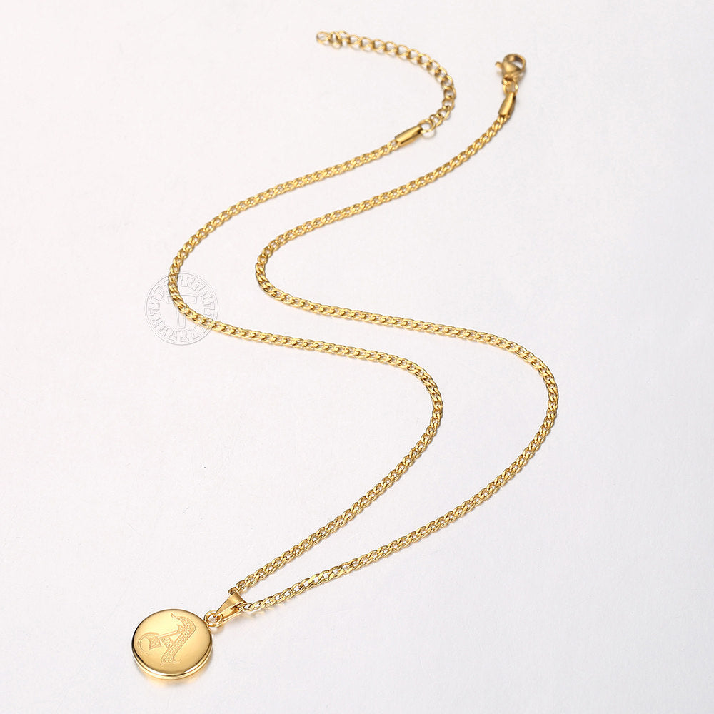 Gold Initial Coin Pendant Necklace Monogram Disc Charm Cuban Chain 18+2 inch