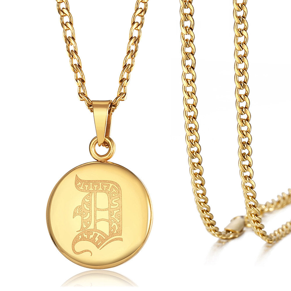 Gold Initial Coin Pendant Necklace Monogram Disc Charm Cuban Chain 18+2 inch