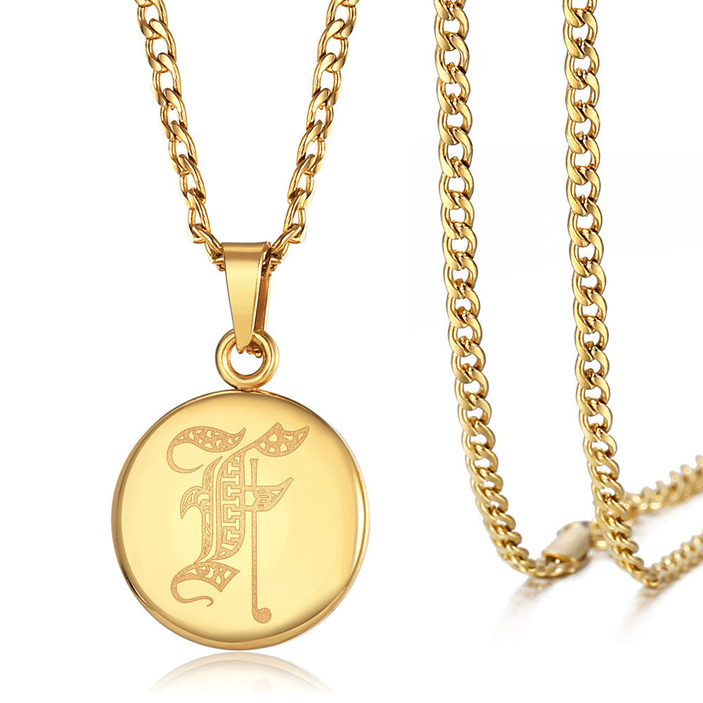 Gold Initial Coin Pendant Necklace Monogram Disc Charm Cuban Chain 18+2 inch