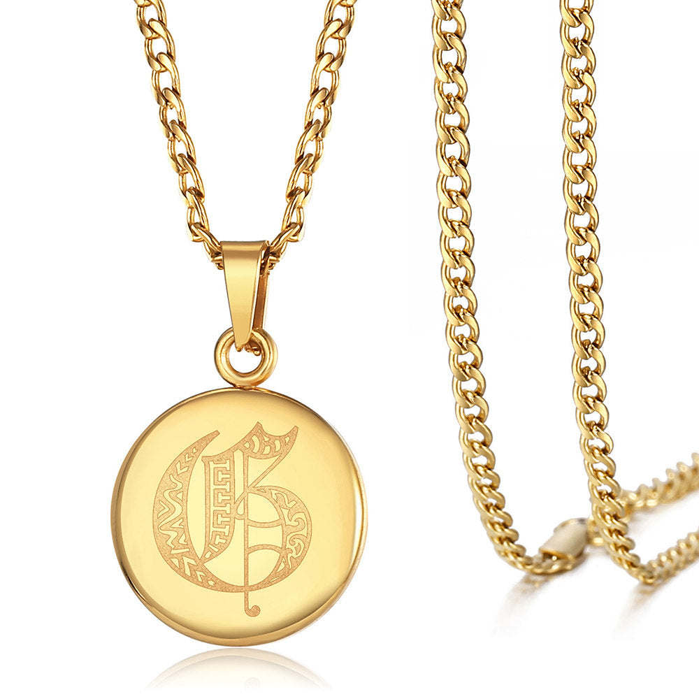 Gold Initial Coin Pendant Necklace Monogram Disc Charm Cuban Chain 18+2 inch