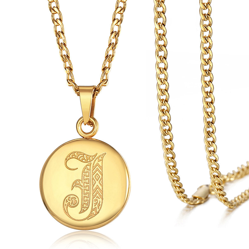 Gold Initial Coin Pendant Necklace Monogram Disc Charm Cuban Chain 18+2 inch