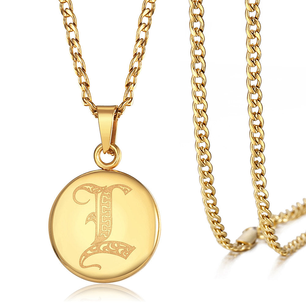 Gold Initial Coin Pendant Necklace Monogram Disc Charm Cuban Chain 18+2 inch