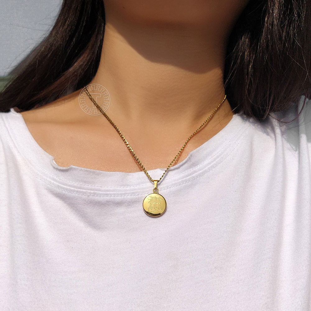 Gold Initial Coin Pendant Necklace Monogram Disc Charm Cuban Chain 18+2 inch