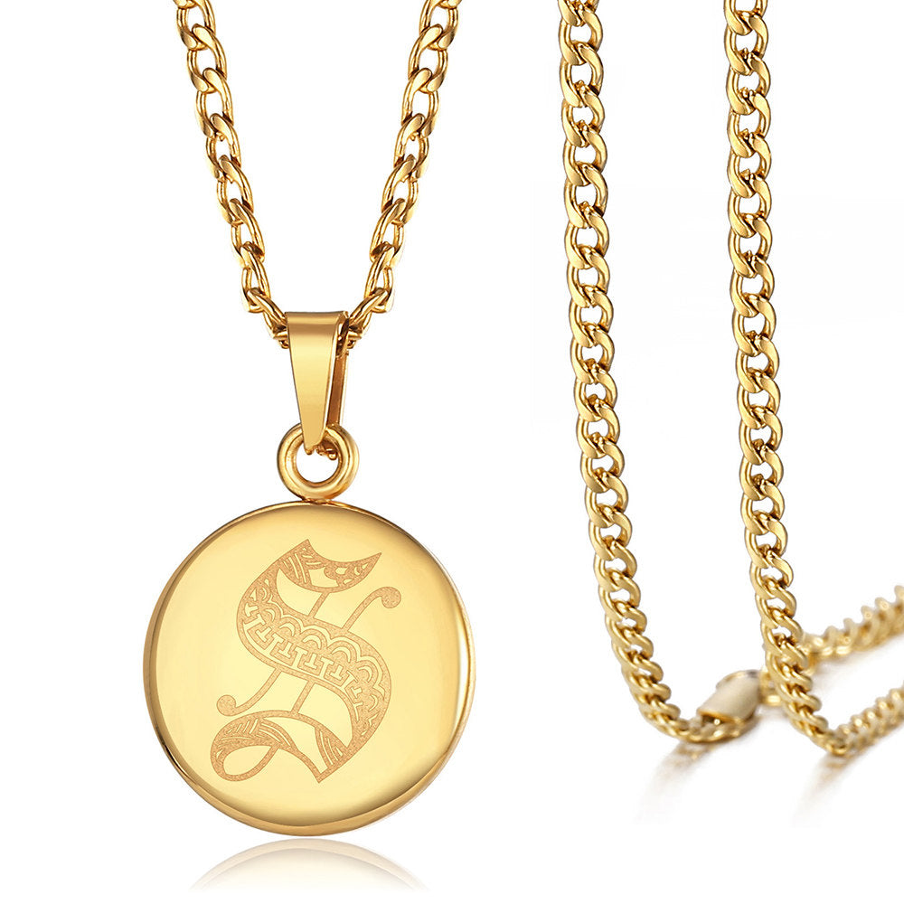Gold Initial Coin Pendant Necklace Monogram Disc Charm Cuban Chain 18+2 inch