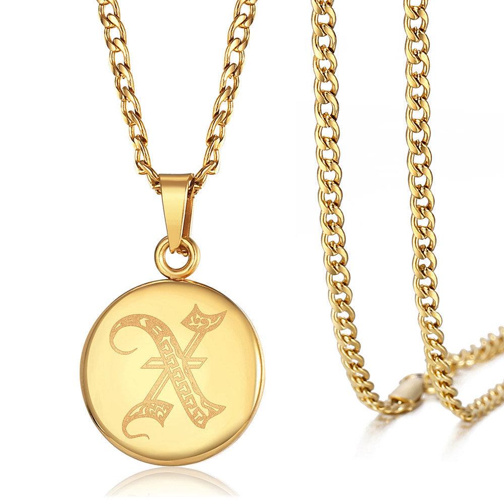 Gold Initial Coin Pendant Necklace Monogram Disc Charm Cuban Chain 18+2 inch