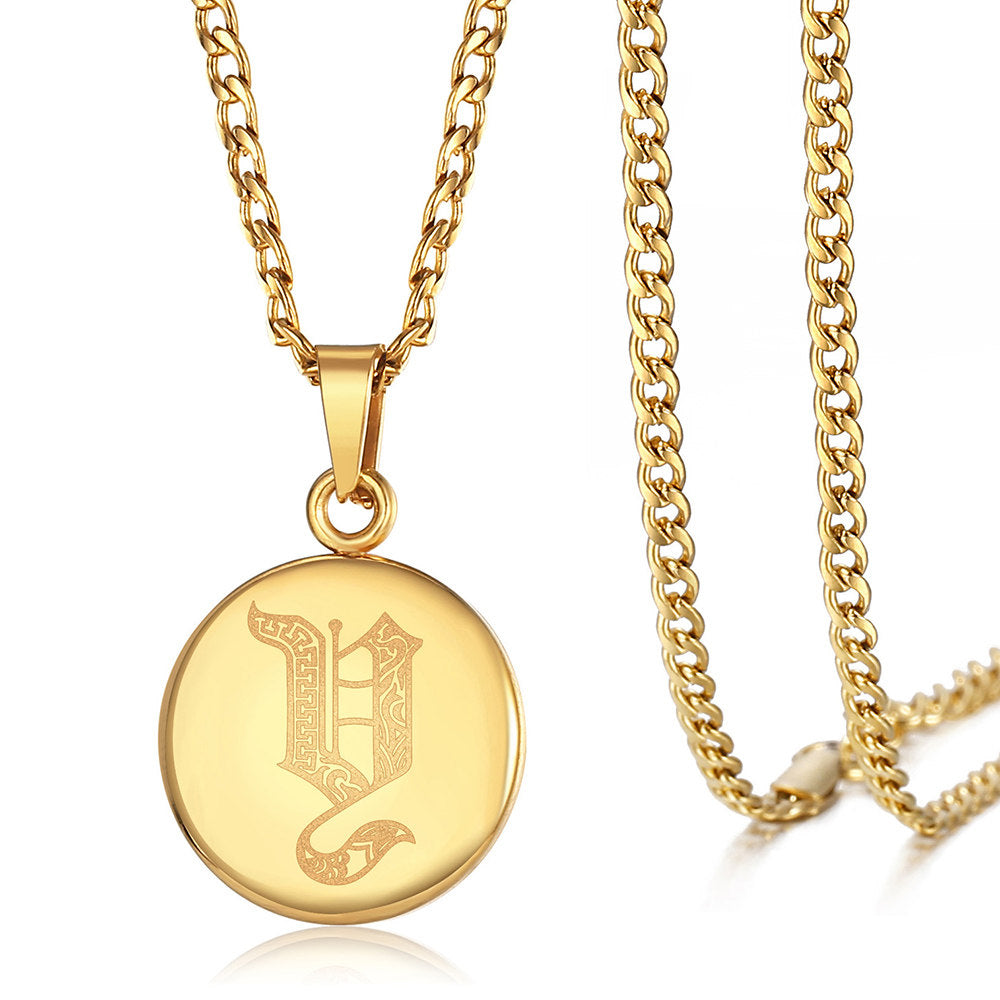 Gold Initial Coin Pendant Necklace Monogram Disc Charm Cuban Chain 18+2 inch