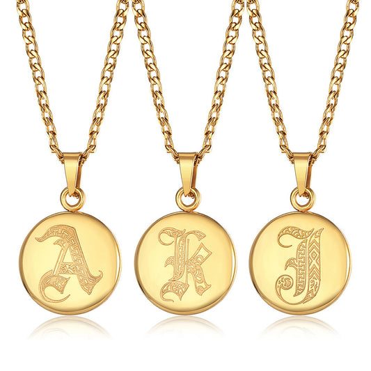 Gold Initial Coin Pendant Necklace Monogram Disc Charm Cuban Chain 18+2 inch