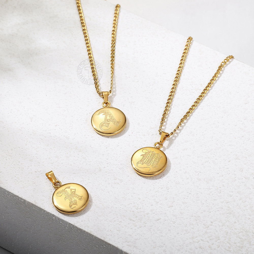 Gold Initial Coin Pendant Necklace Monogram Disc Charm Cuban Chain 18+2 inch