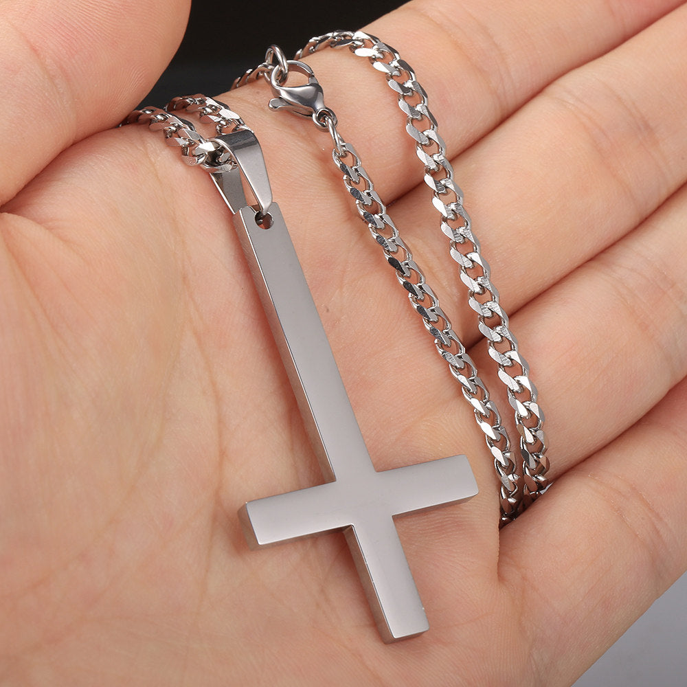 3mm Inverted Cross Pendant Necklace Cuban Chain