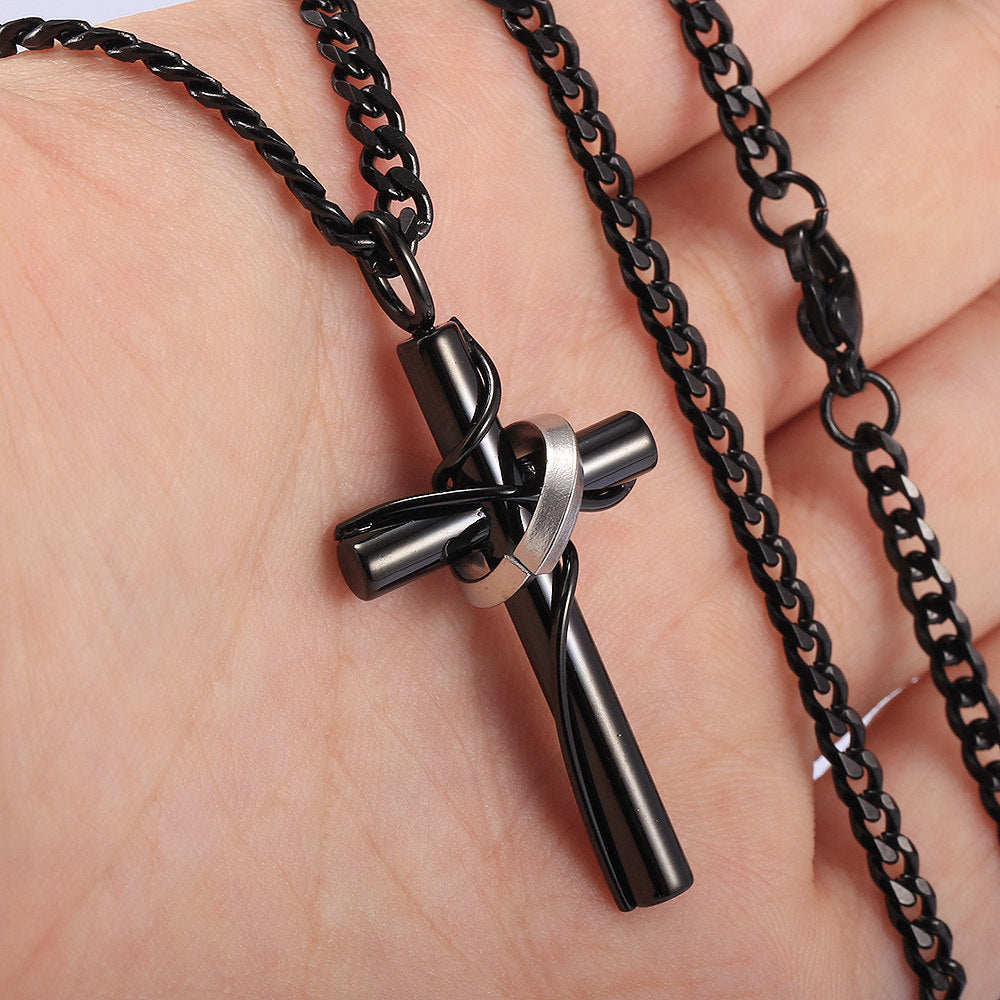 3mm Cross Pendant Necklace Silver Black Cuban Chain