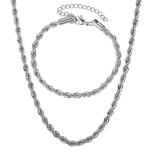 3mm Rope Chain Bracelet Necklace Set Stainless Steel