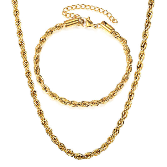 3mm Gold Rope Chain Bracelet Necklace Set Stainless Steel