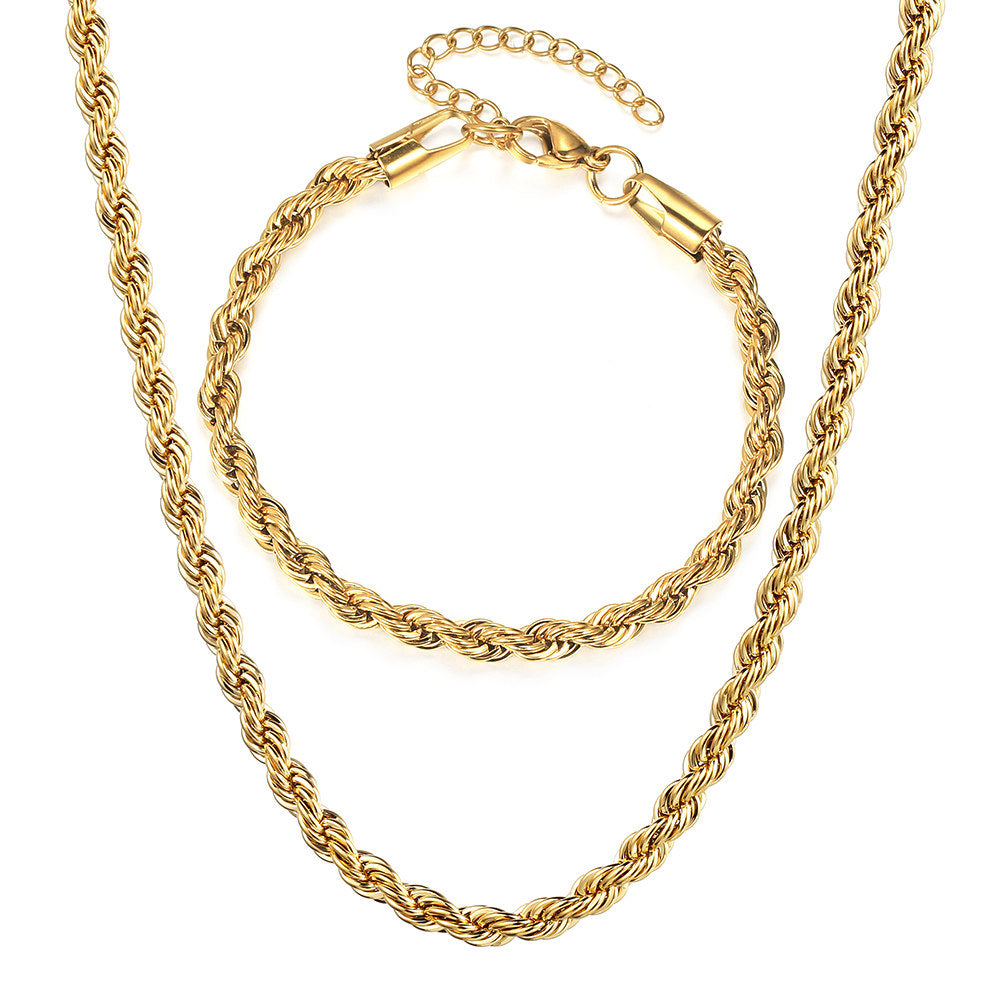 5mm Gold Rope Chain Bracelet Necklace Set Stainless Steel