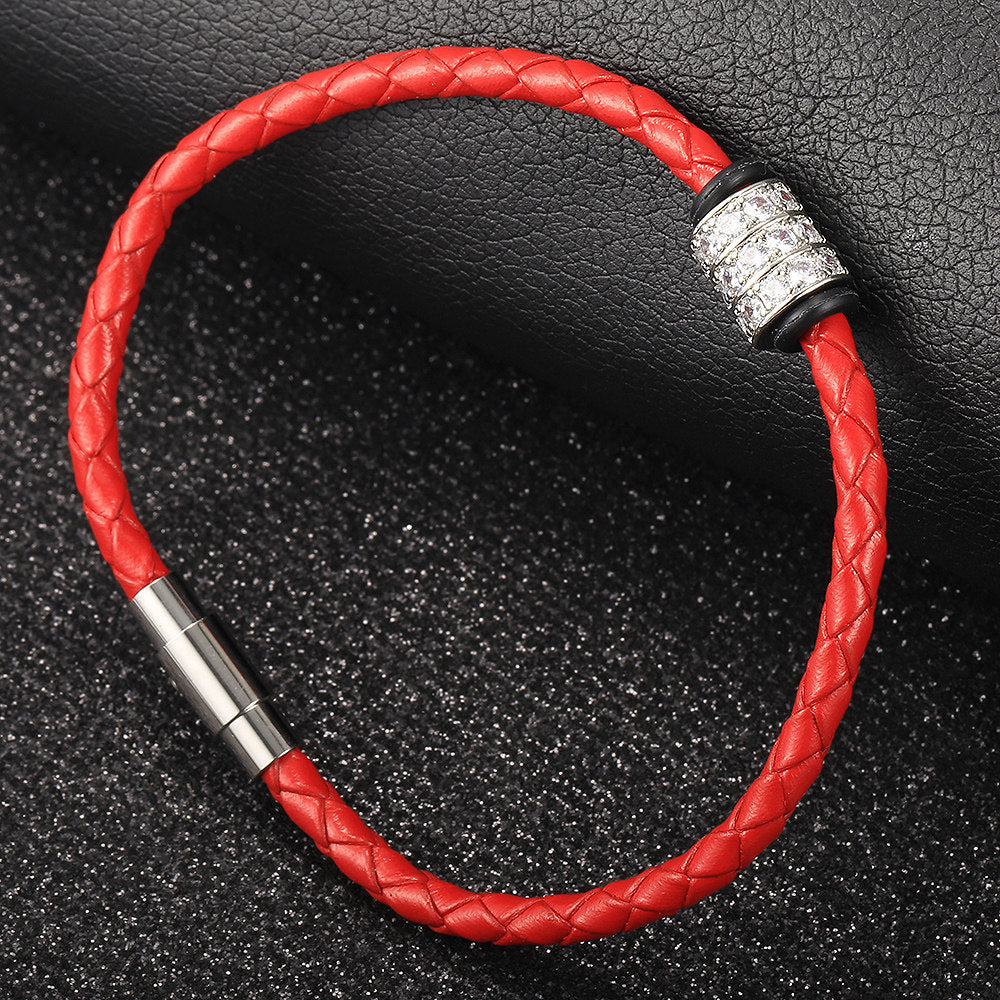 4mm Mens Leather Bracelet CZ Bead Charm Braided Rope Chain