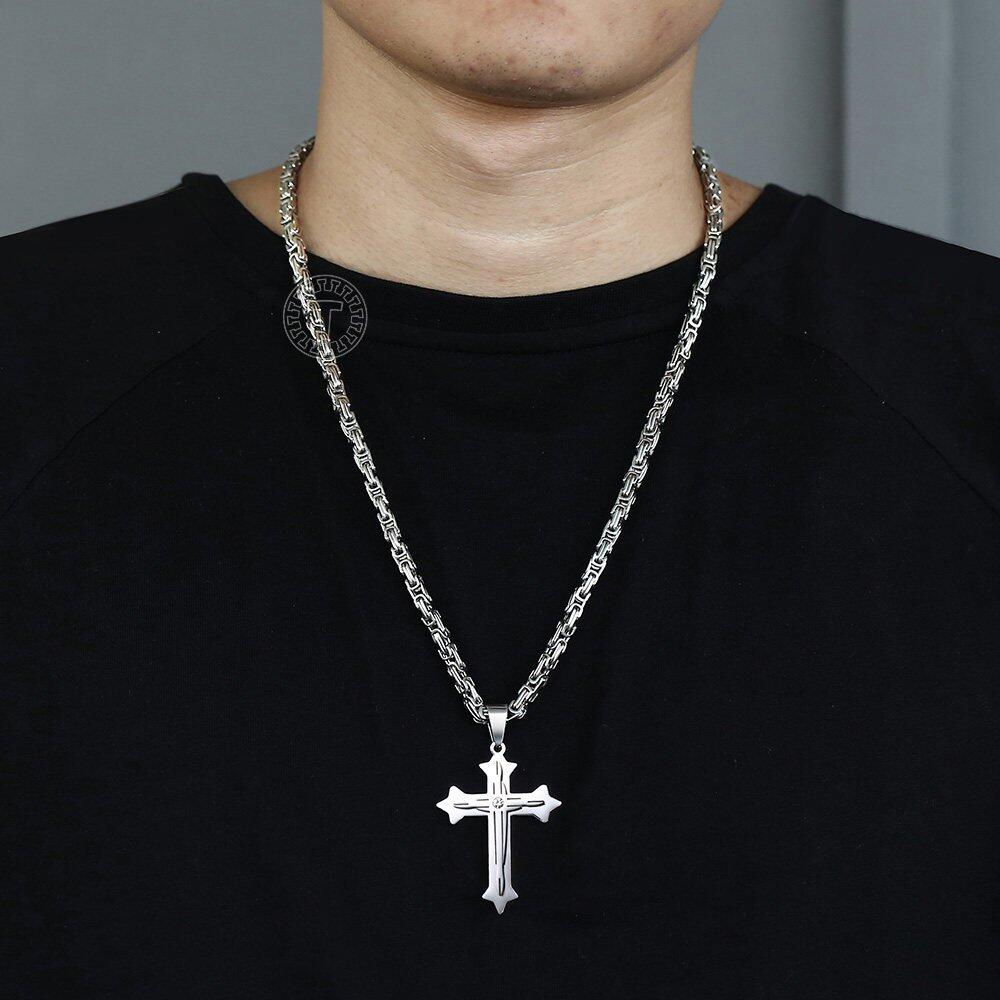 5mm Silver Cross Pendant Necklace Byzantine Chain 18-30inch