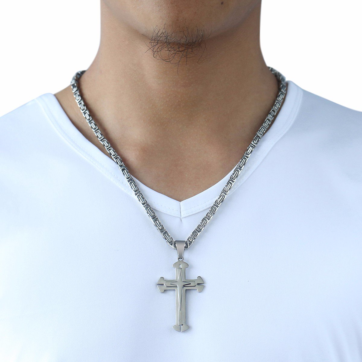 5mm Silver Cross Pendant Necklace Byzantine Chain 18-30inch