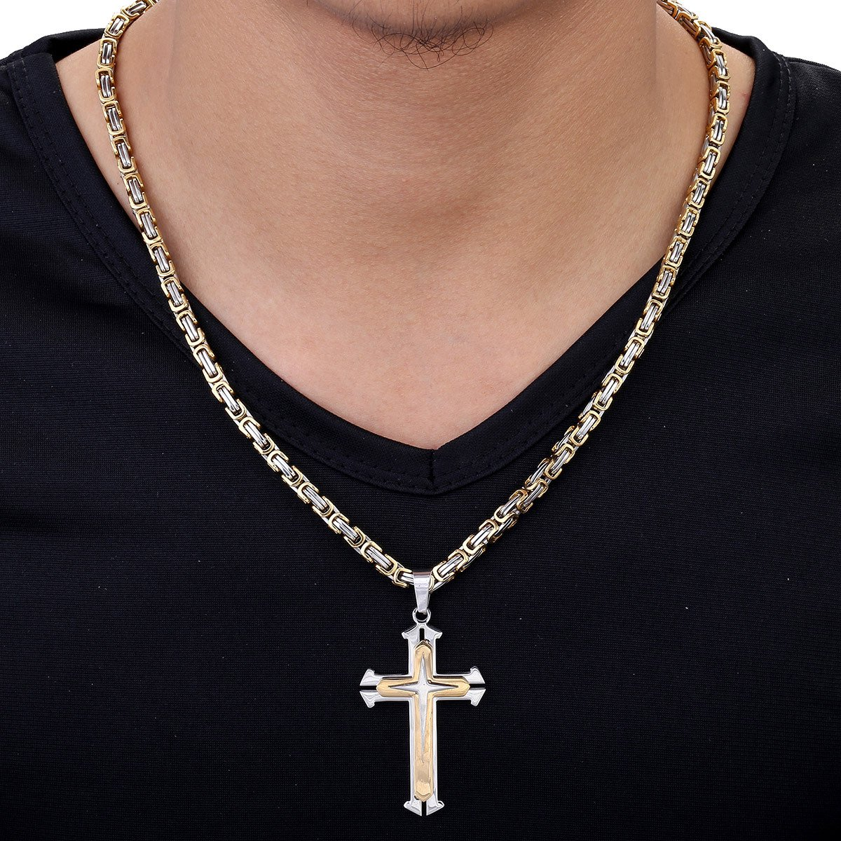 5mm Gold Silver Cross Pendant Necklace Byzantine Chain 18-30inch